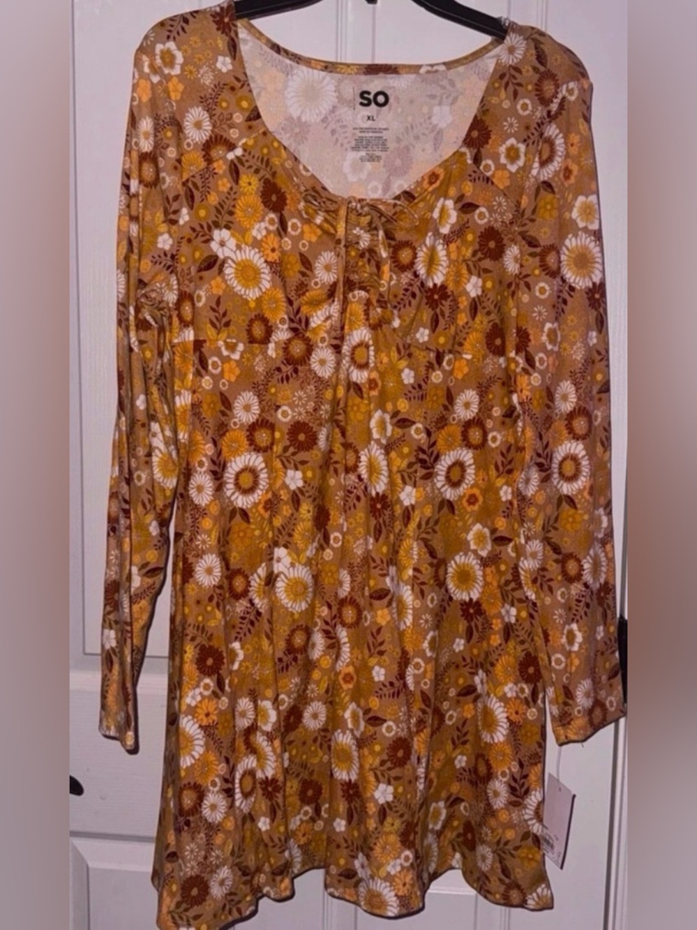 SO Floral Tie-Neck Tunic Dress in Mustard and Brown